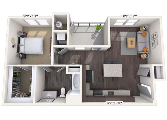 Floor plan for 1 bed, 1 bath, 735 sqft