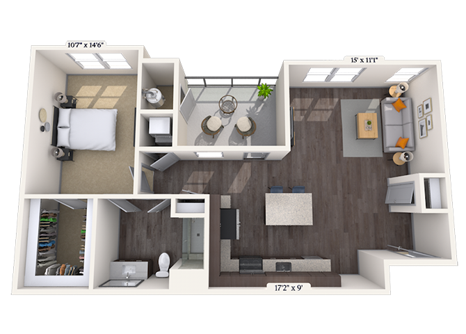 Floor plan for 1 bed, 1 bath, 867 sqft