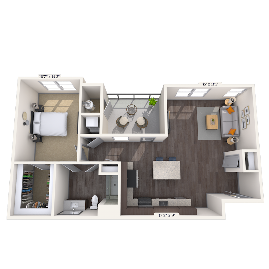 Floor plan for 1 bed, 1 bath, 863 sqft