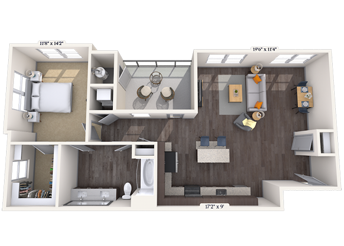 Floor plan for 1 bed, 1 bath, 980 sqft