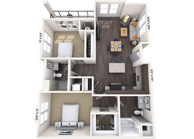 Floor plan for 2 beds, 2 baths, 1060 sqft