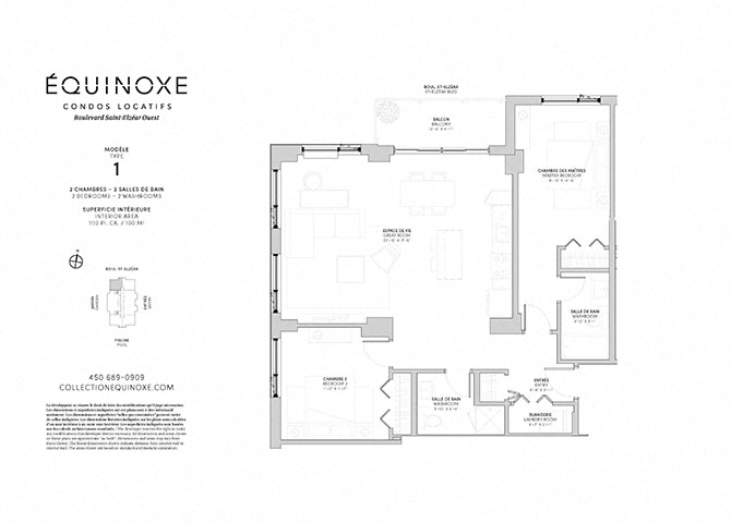 Floor plan for 2 beds, 2 baths, 1110 sqft