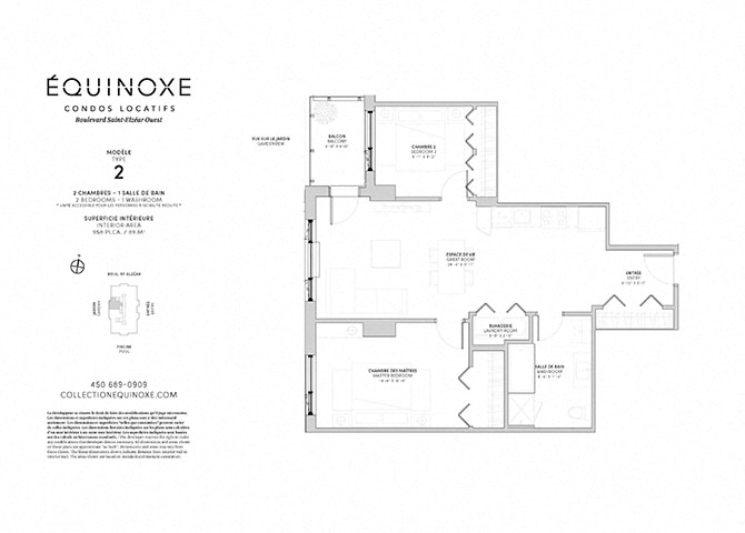 Floor plan for 2 beds, 1 bath, 958 sqft