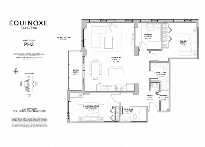Floor plan for 3 beds, 2 baths, 1249 sqft