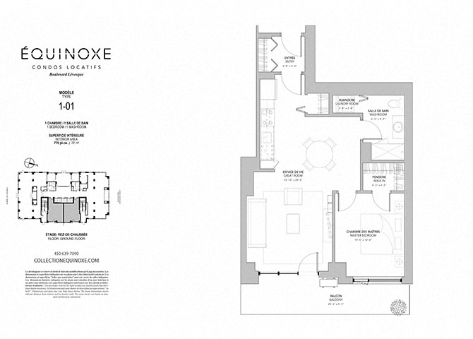 Floor plan for 1 bed, 1 bath, 770 sqft