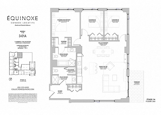 Floor plan for 3 beds, 2 baths, 1421 sqft