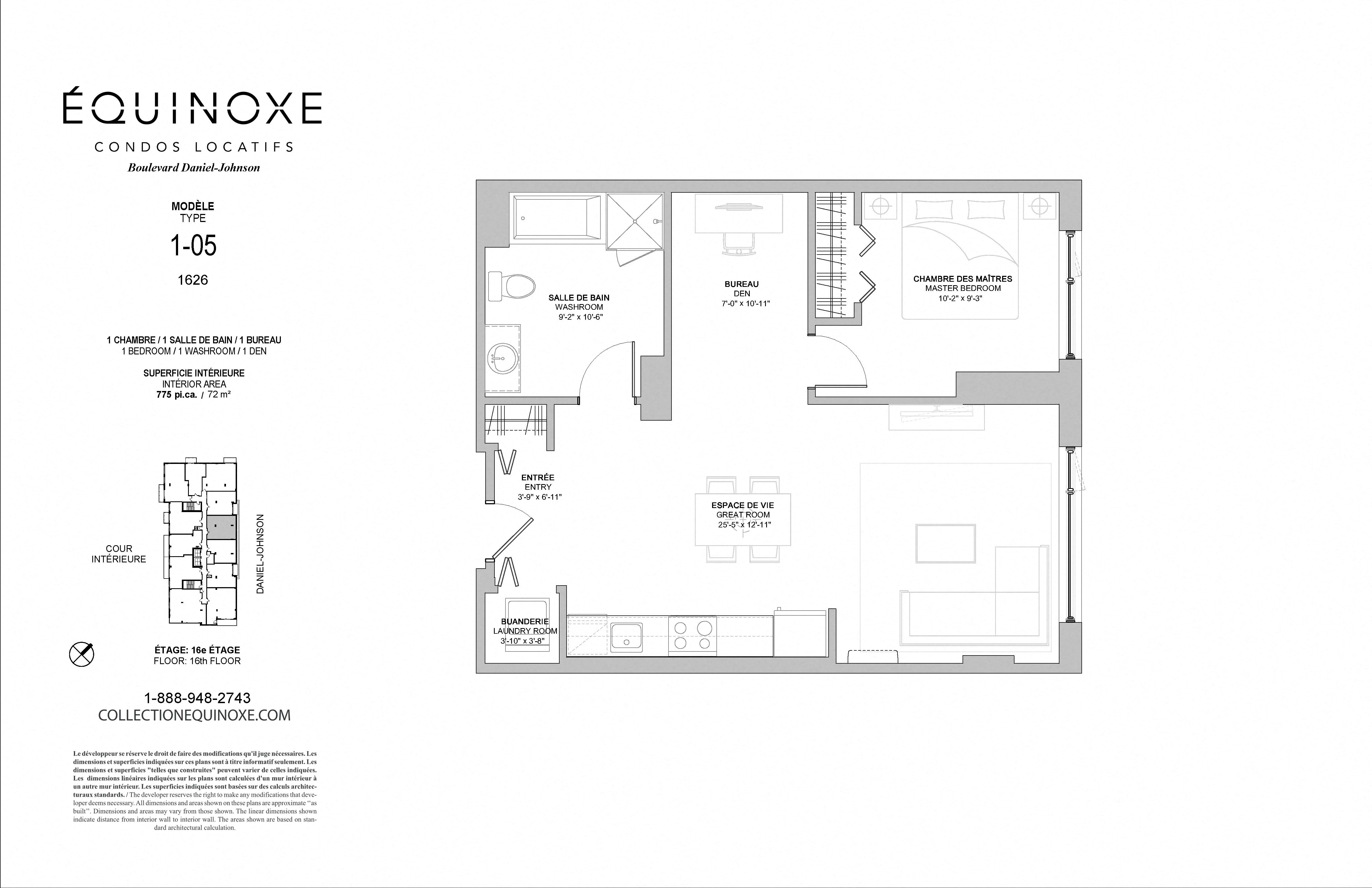 Floor plan for 1 bed, 1 bath, 775 sqft