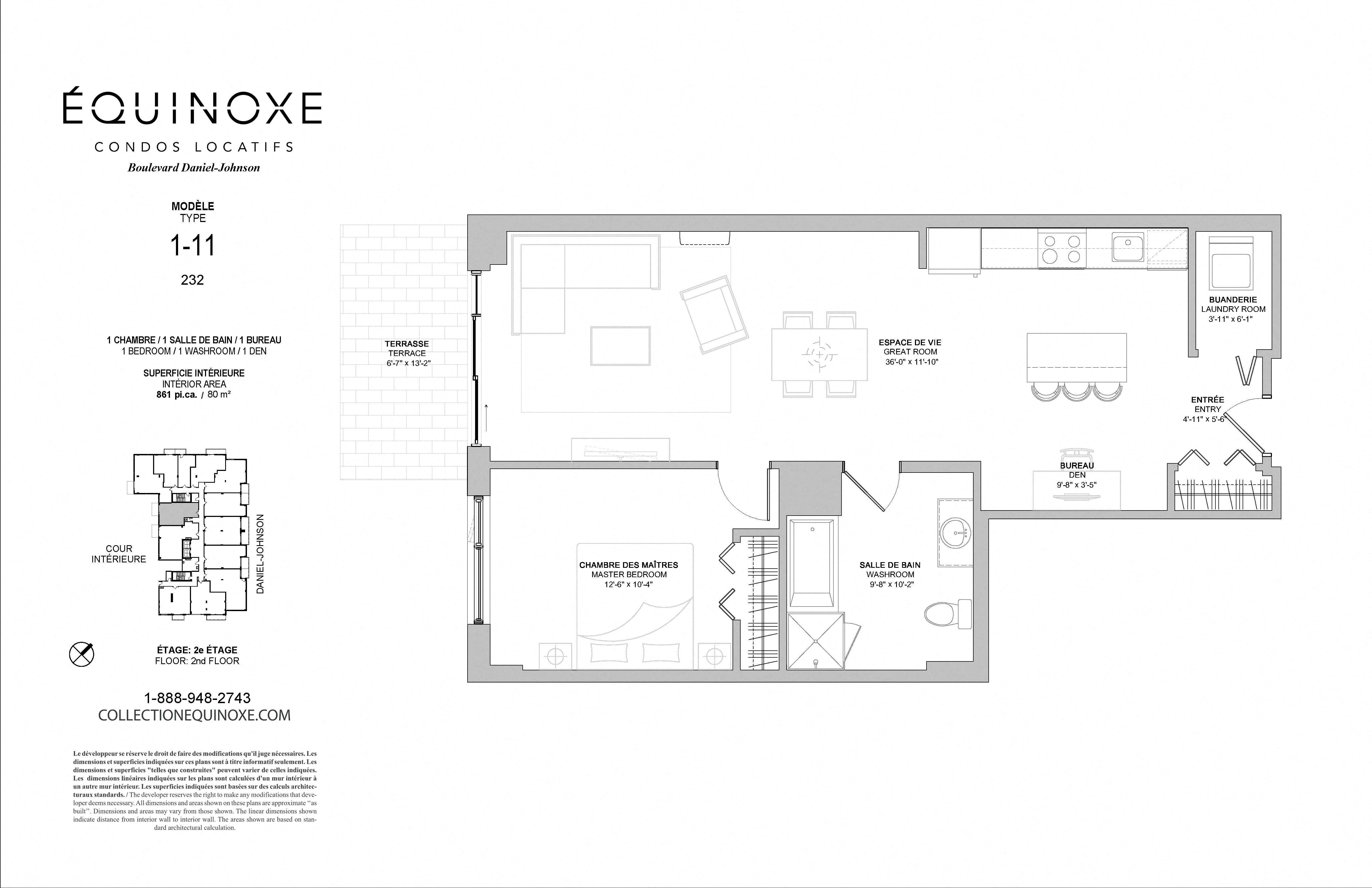 Floor plan for 1 bed, 1 bath, 861 sqft