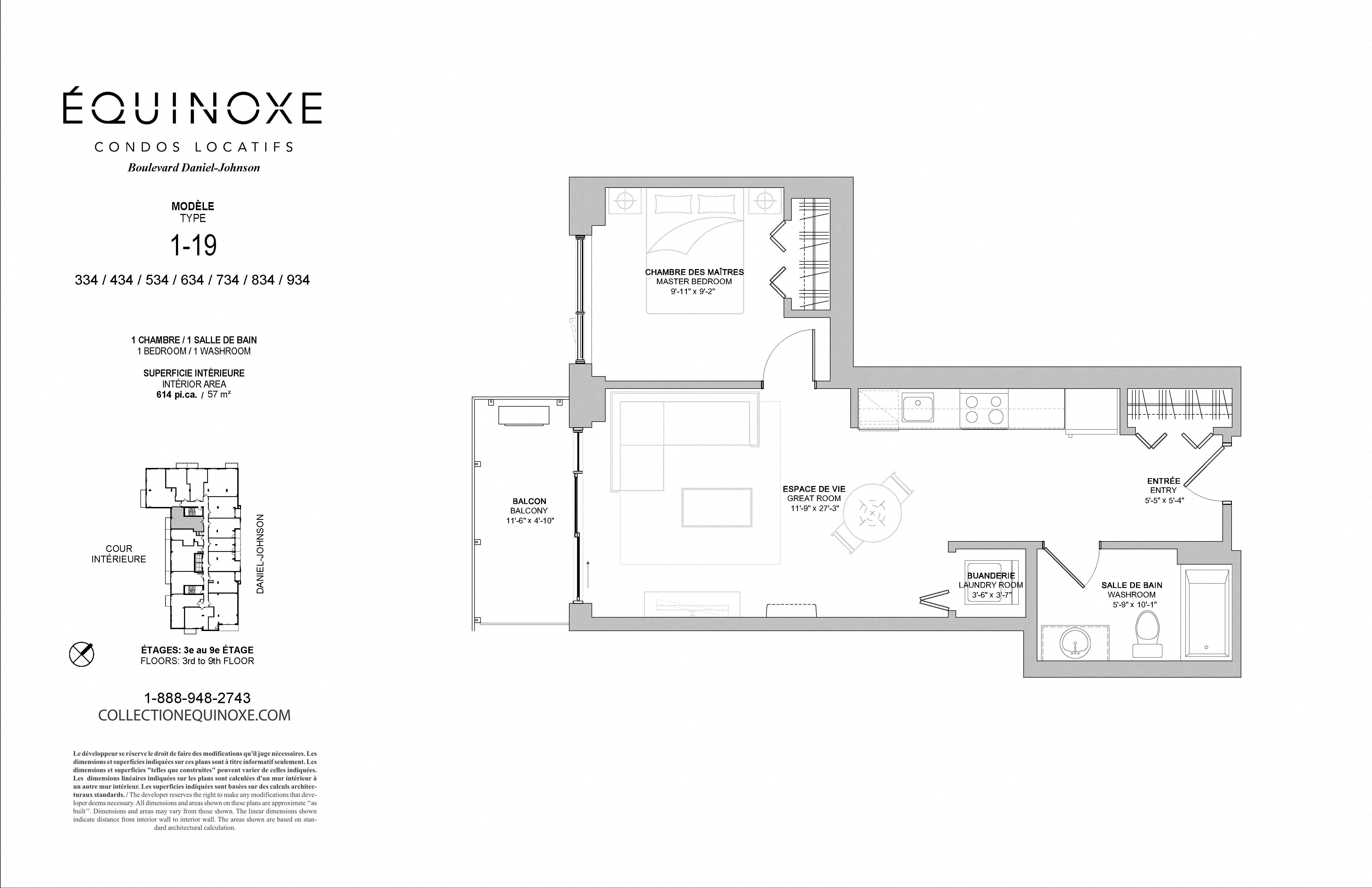 Floor plan for 1 bed, 1 bath, 614 sqft