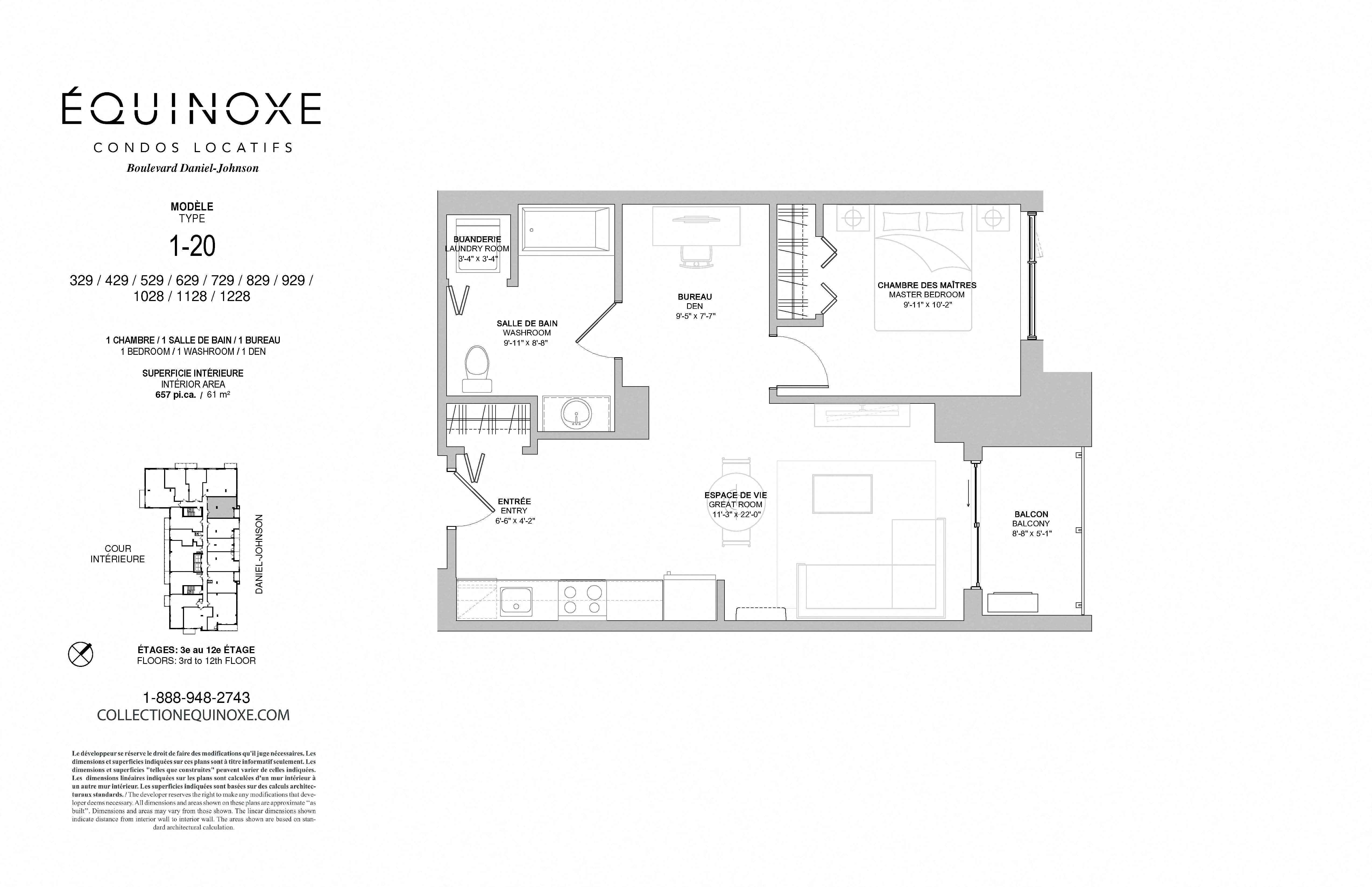 Floor plan for 1 bed, 1 bath, 657 sqft