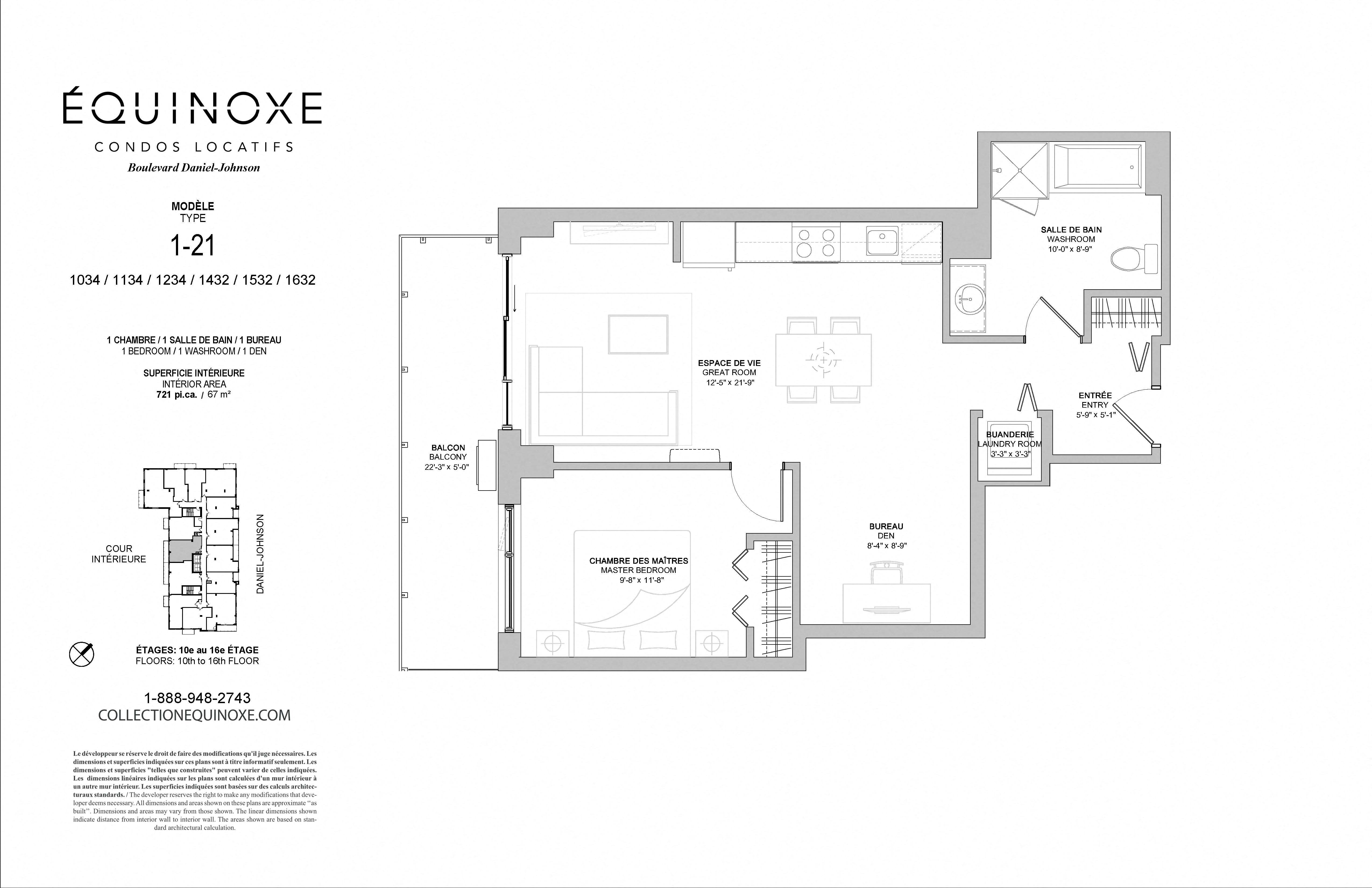 Floor plan for 1 bed, 1 bath, 721 sqft