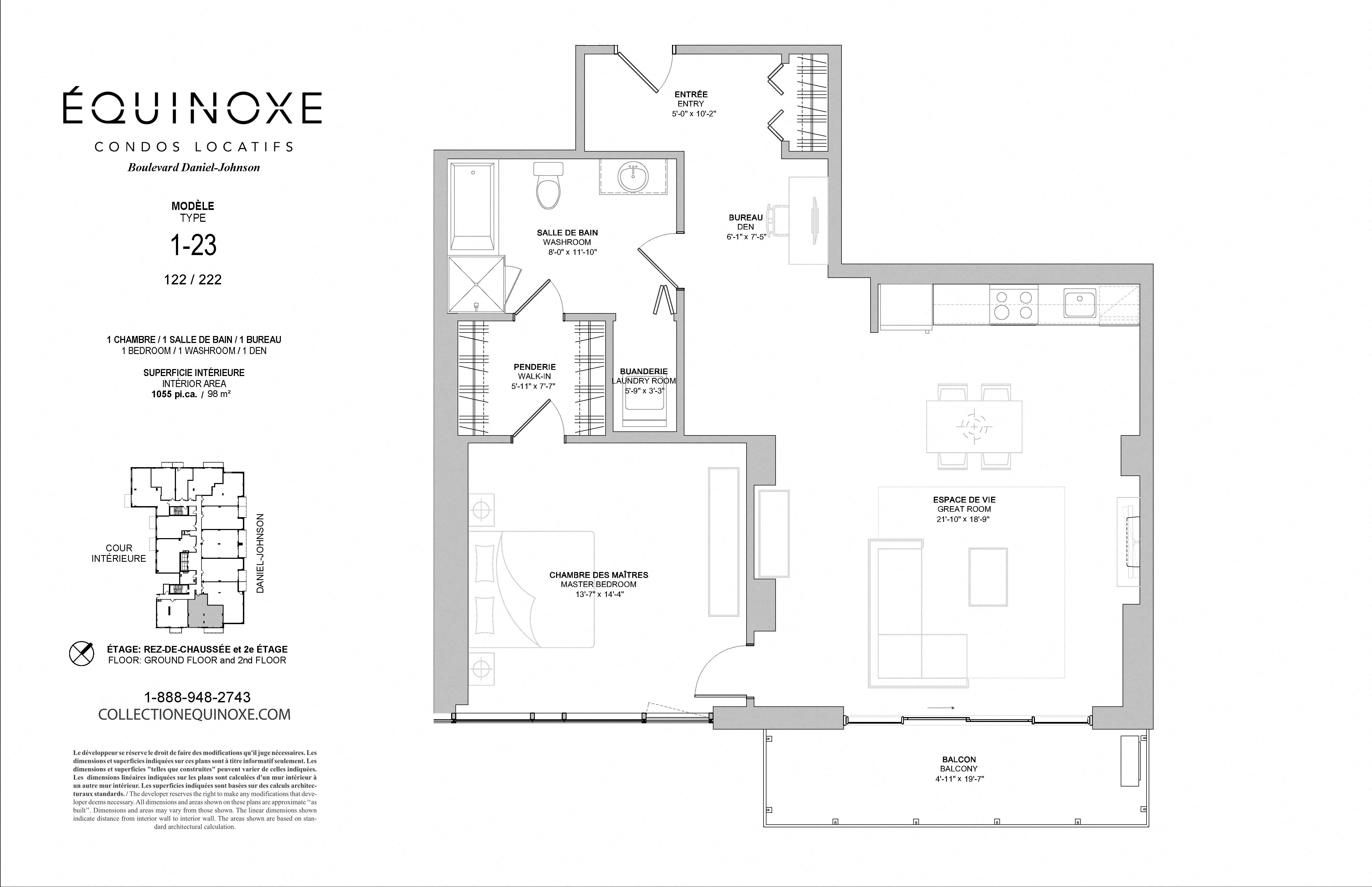 Floor plan for 1 bed, 1 bath, 1055 sqft