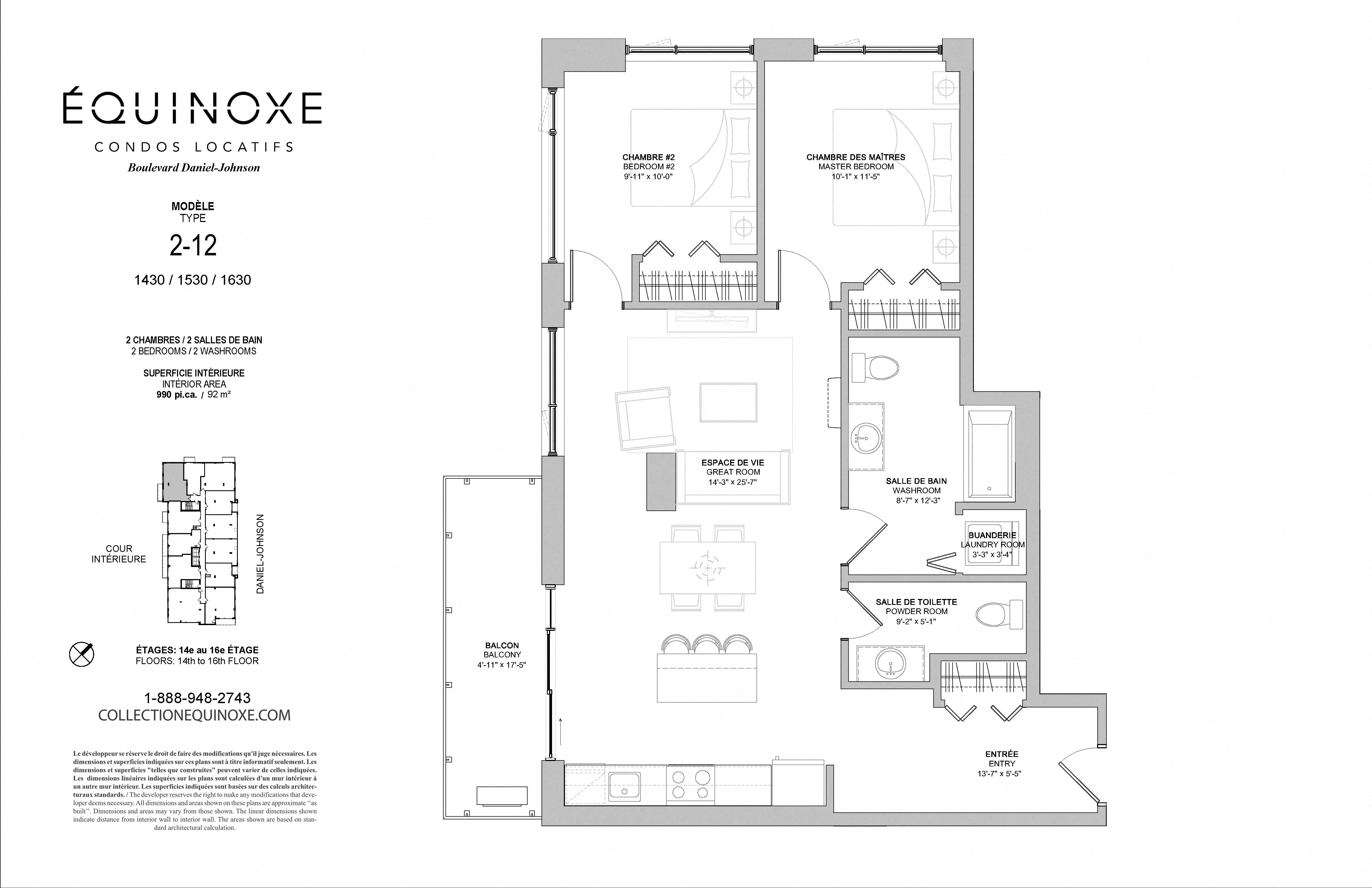 Floor plan for 2 beds, 1 bath, 990 sqft