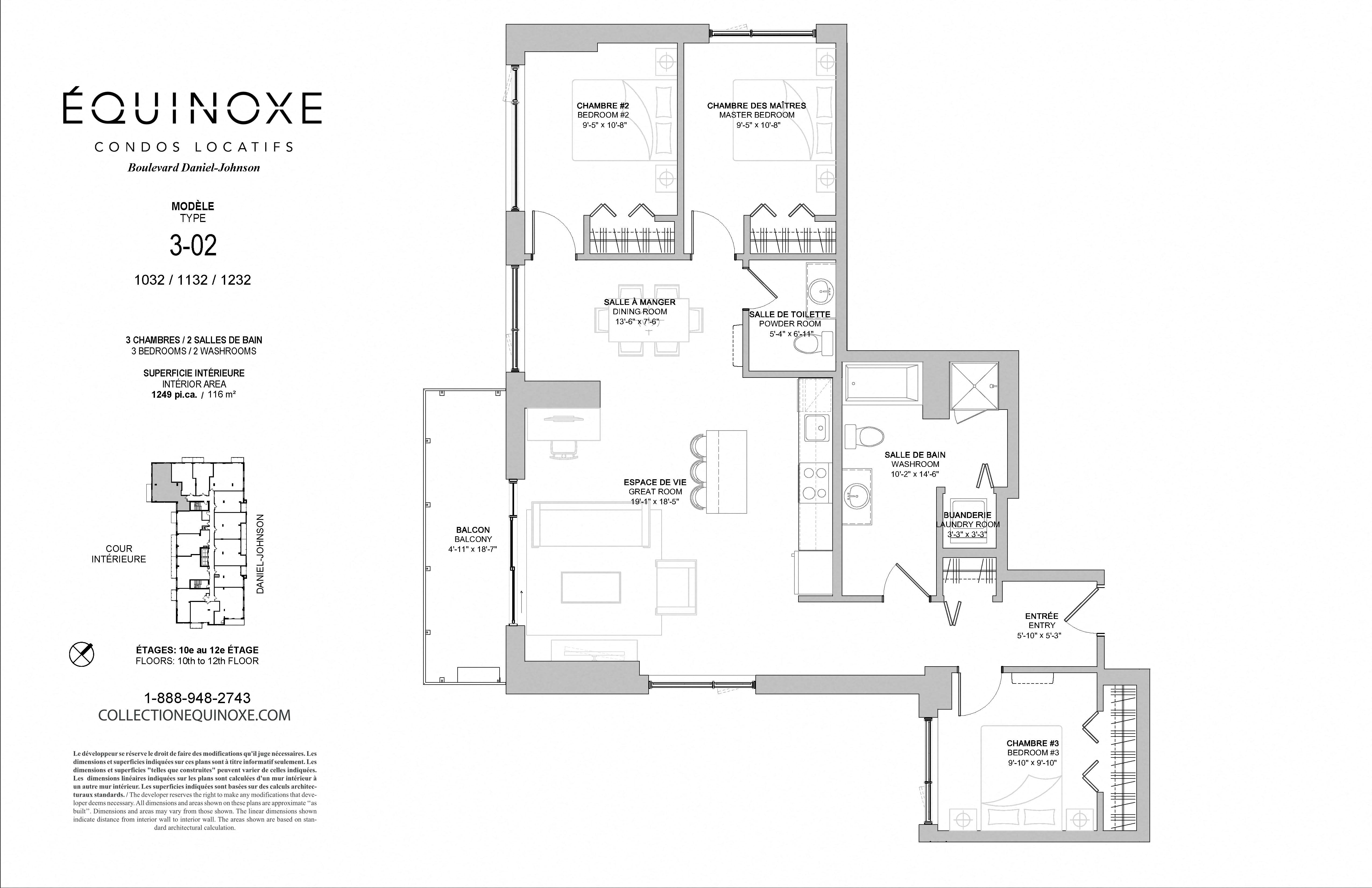Floor plan for 3 beds, 2 baths, 1249 sqft