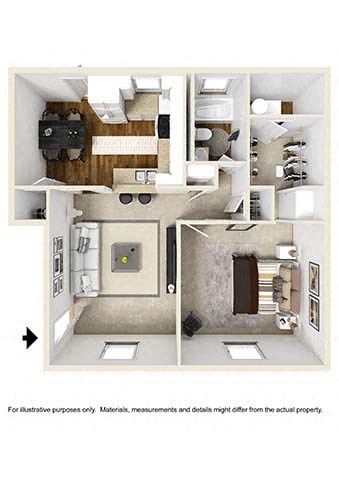 Floor plan for 1 bed, 1 bath, 815 sqft