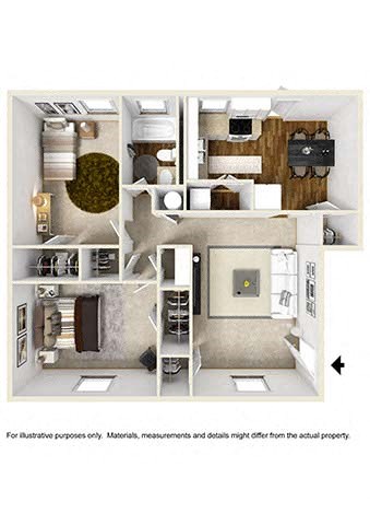 Floor plan for 2 beds, 1 bath, 945 sqft