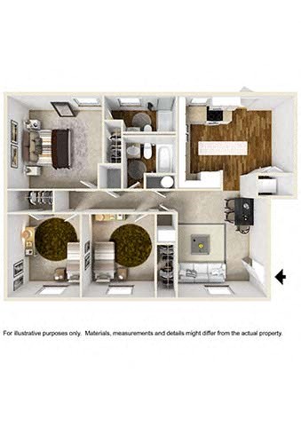 Floor plan for 3 beds, 2 baths, 1095 sqft