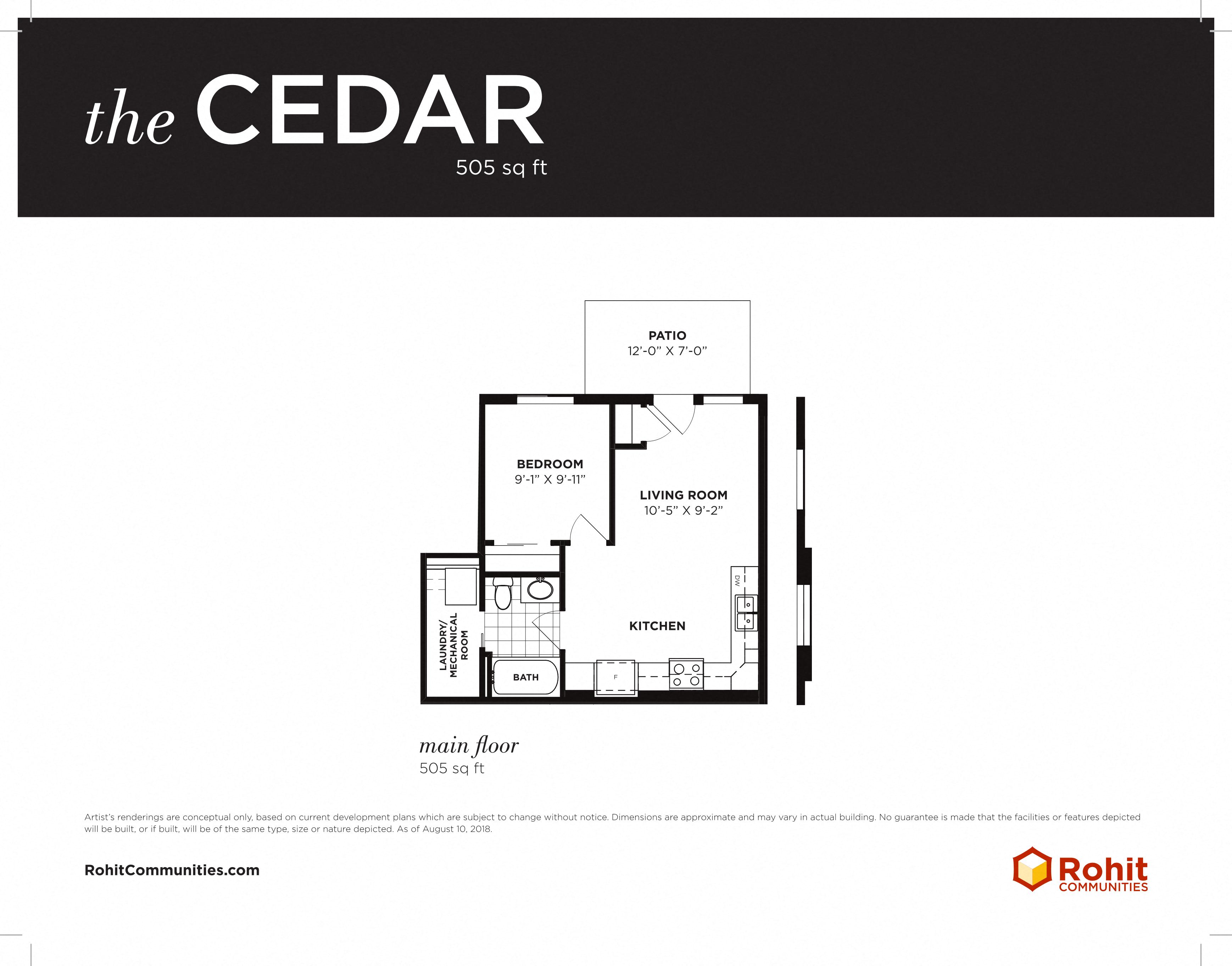 Floor plan for 1 bed, 1 bath, 505 sqft