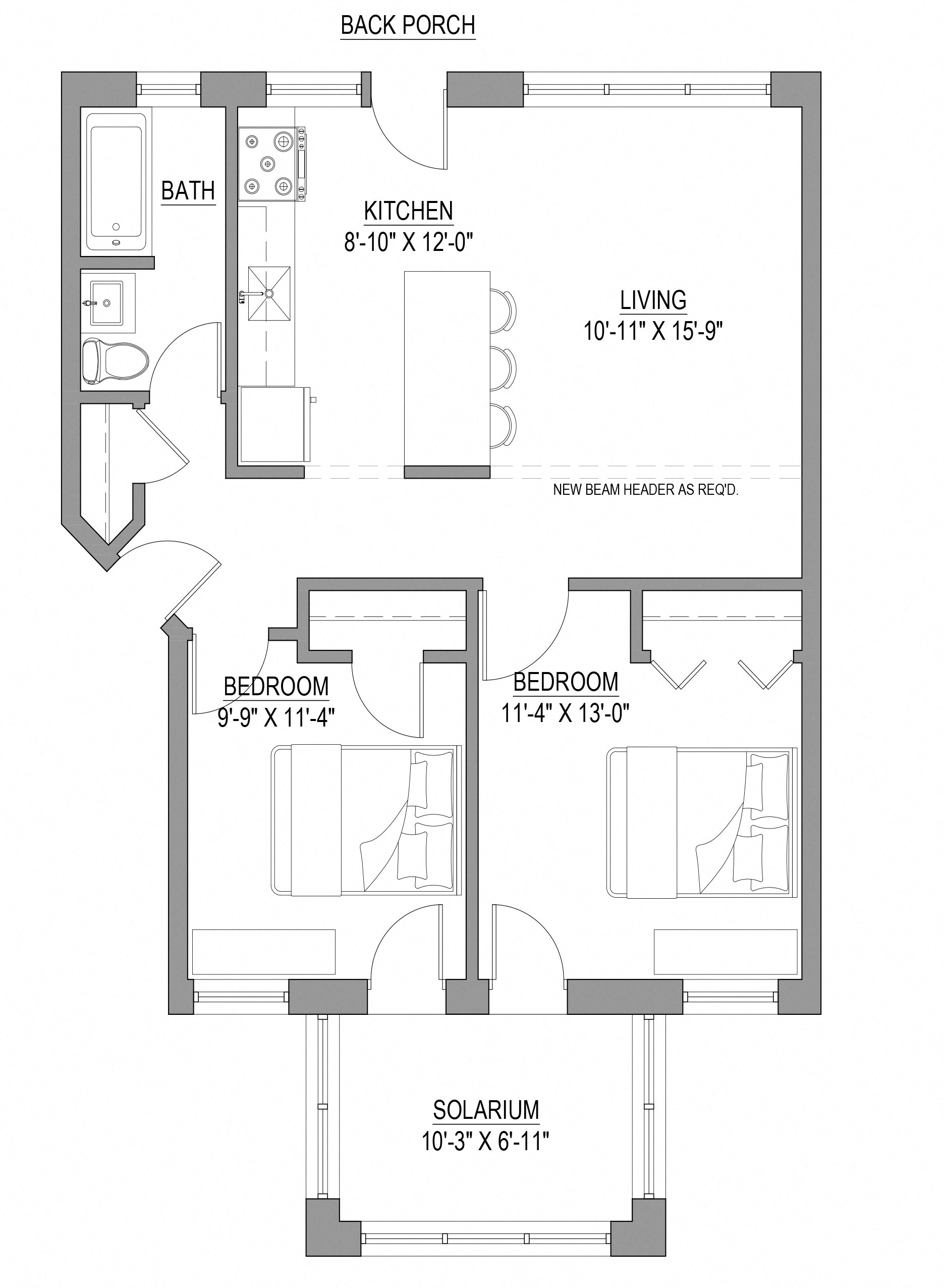 Floor plan for 2 beds, 1 bath