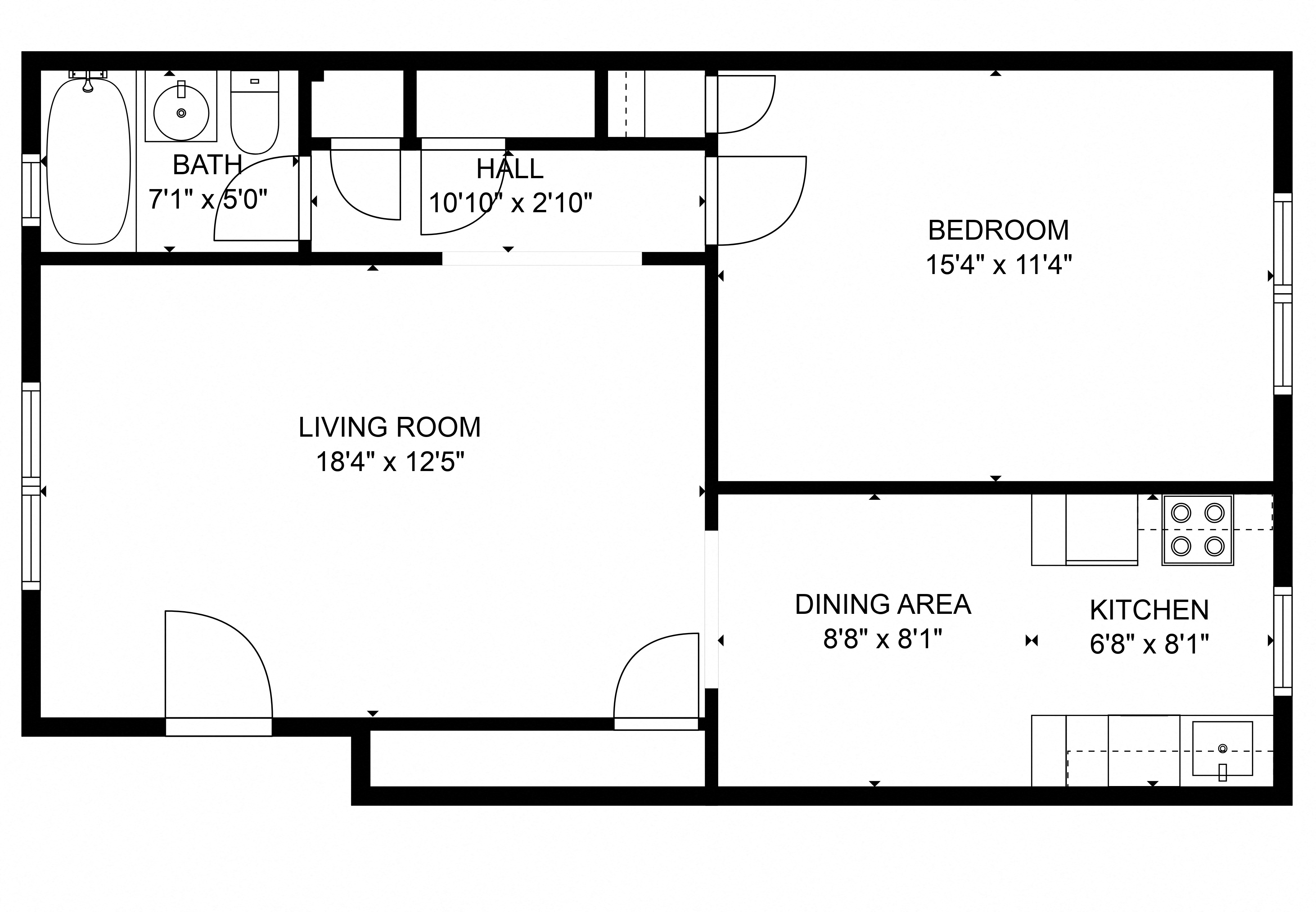 Floor plan for 1 bed, 1 bath, 750 sqft