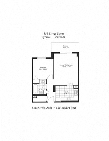 Floor plan for 1 bed, 1 bath, 680 sqft