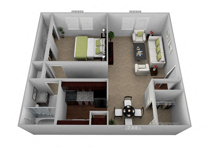 Floor plan for 1 bed, 1 bath, 610 sqft