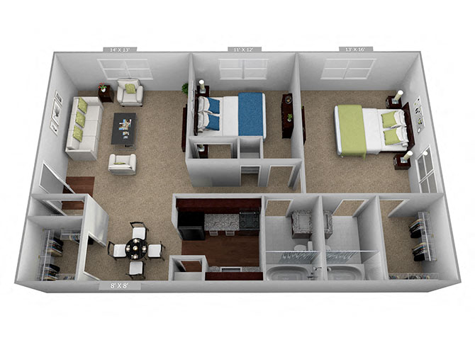 Floor plan for 2 beds, 2 baths, 906 sqft