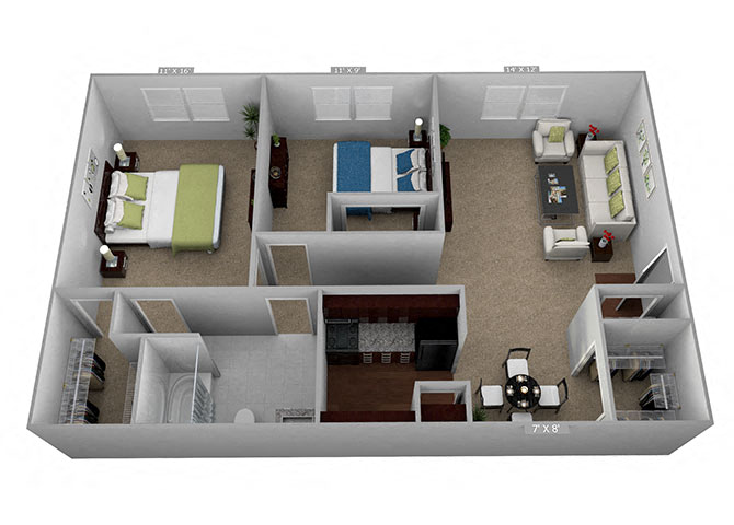 Floor plan for 2 beds, 1 bath, 851 sqft
