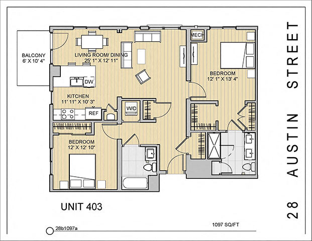 Floor plan for 2 beds, 2 baths, 1097 sqft