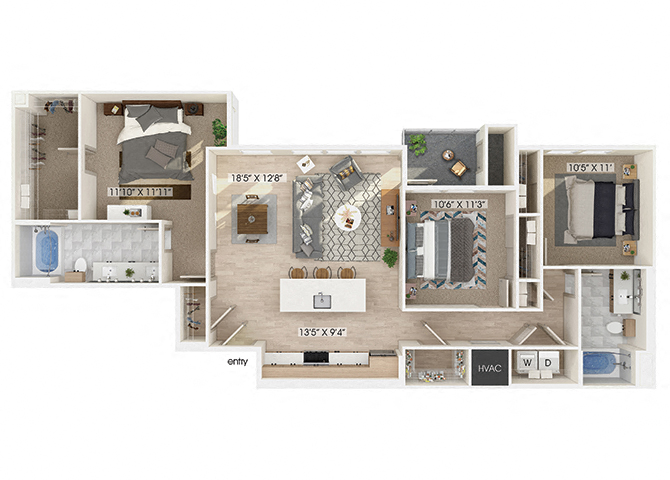 Floor plan for 3 beds, 2 baths, 1311 sqft