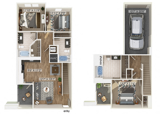 Floor plan for 3 beds, 3 baths, 1398 sqft