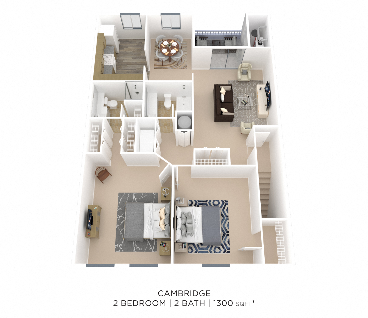 Floor plan for 2 beds, 2 baths, 1300 sqft
