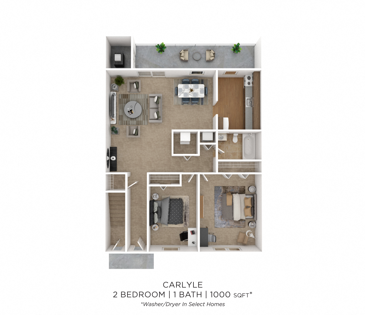 Floor plan for 2 beds, 1 bath, 1000 sqft