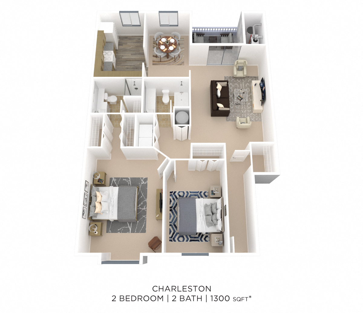 Floor plan for 2 beds, 2 baths, 1300 sqft