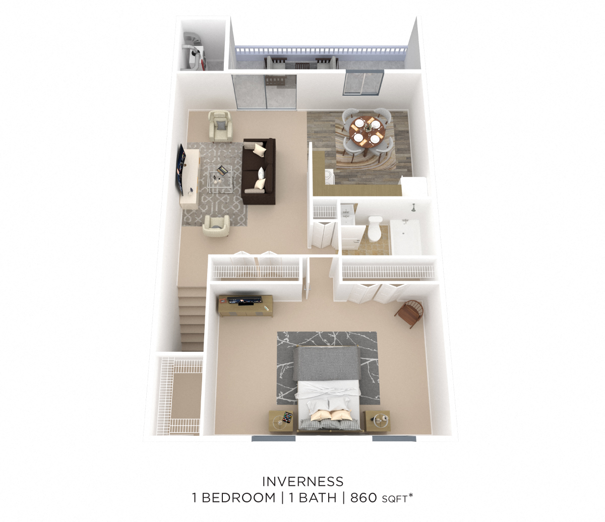 Floor plan for 1 bed, 1 bath, 860 sqft