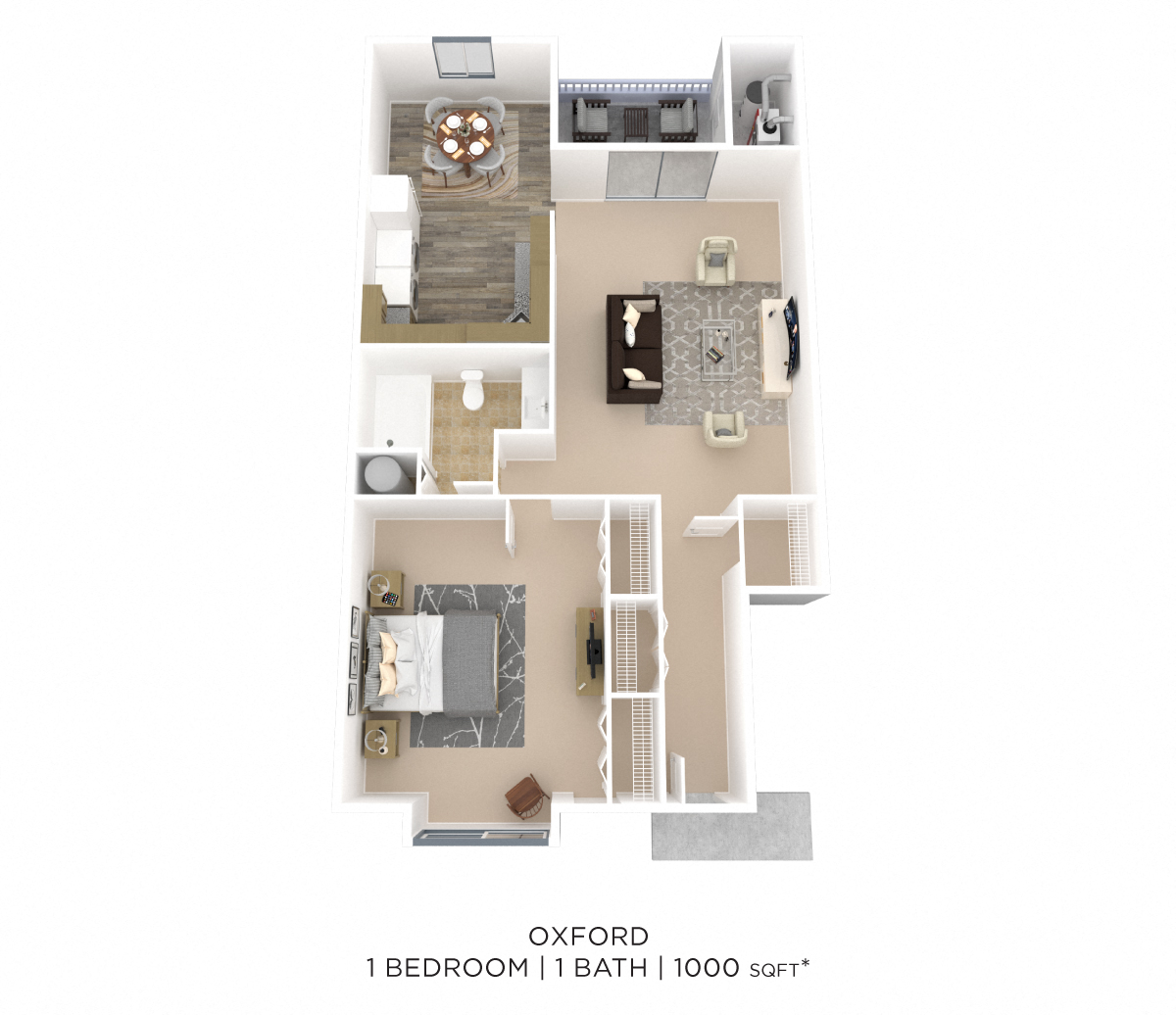 Floor plan for 1 bed, 1 bath, 1000 sqft