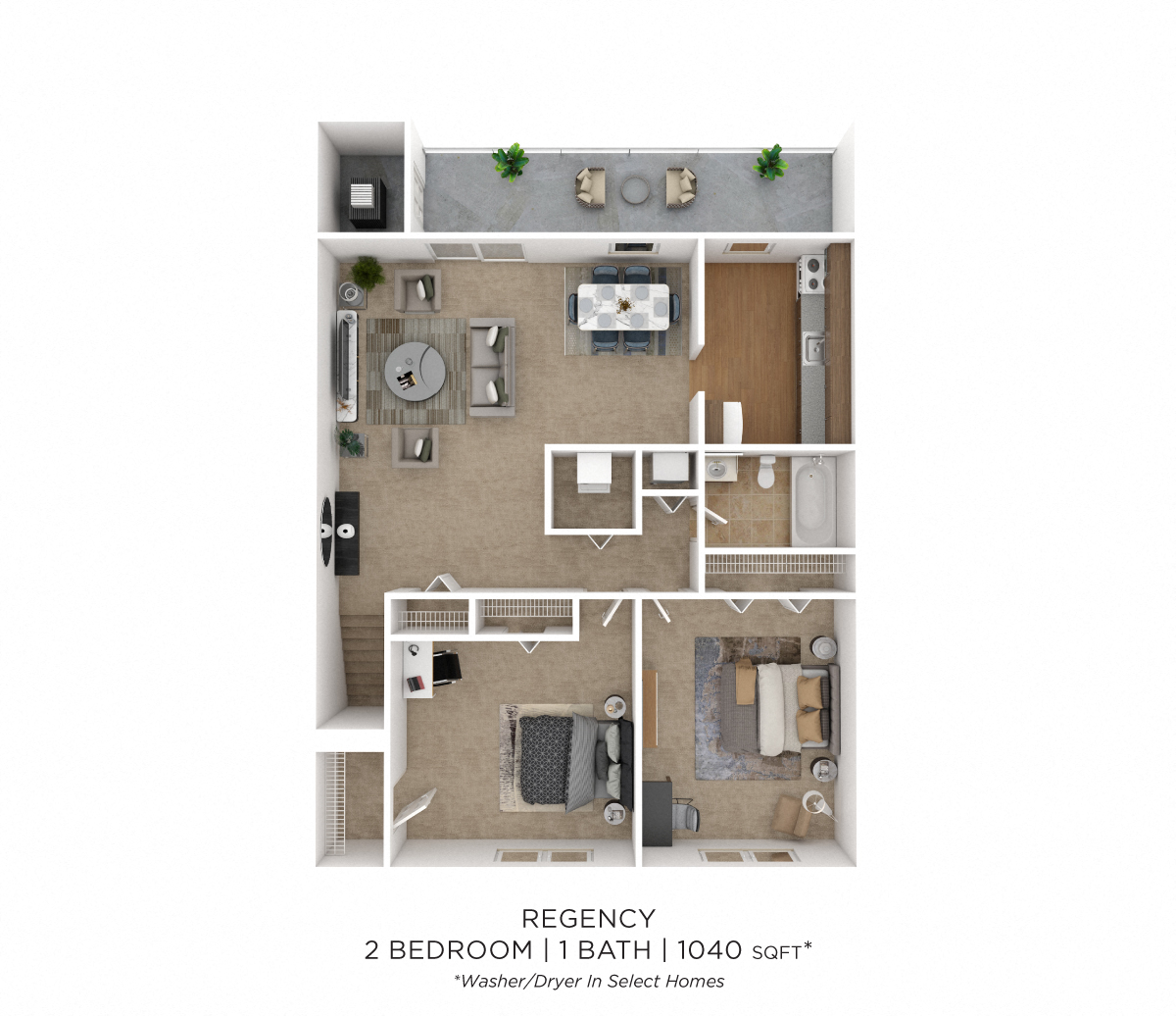 Floor plan for 2 beds, 1 bath, 1040 sqft