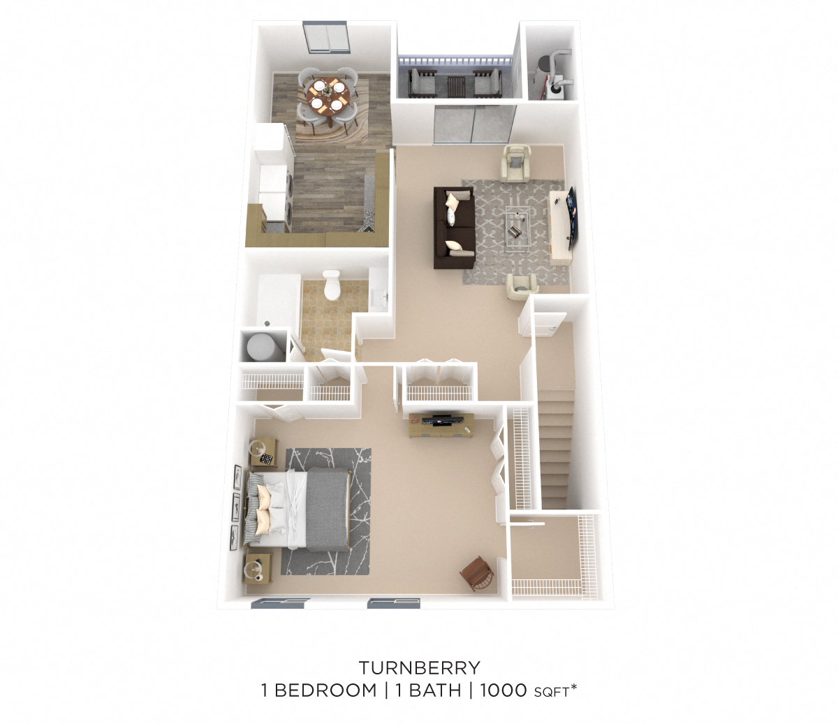 Floor plan for 1 bed, 1 bath, 1000 sqft
