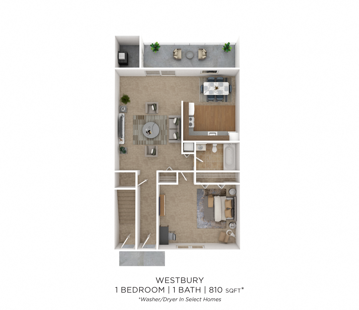Floor plan for 1 bed, 1 bath, 810 sqft