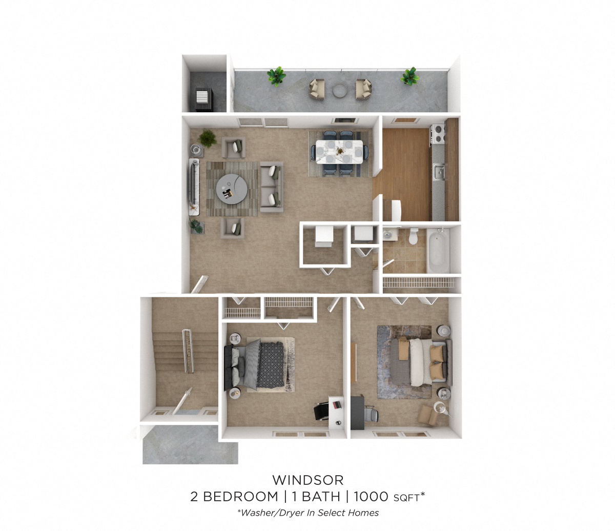 Floor plan for 2 beds, 1 bath, 1000 sqft