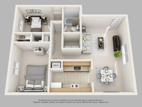 Floor plan for 2 beds, 1 bath, 705 sqft