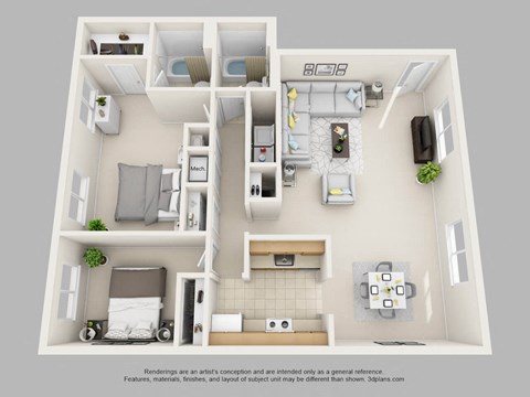 Floor plan for 2 beds, 2 baths, 967 sqft
