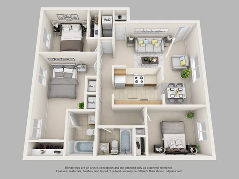 Floor plan for 3 beds, 2 baths, 1080 sqft