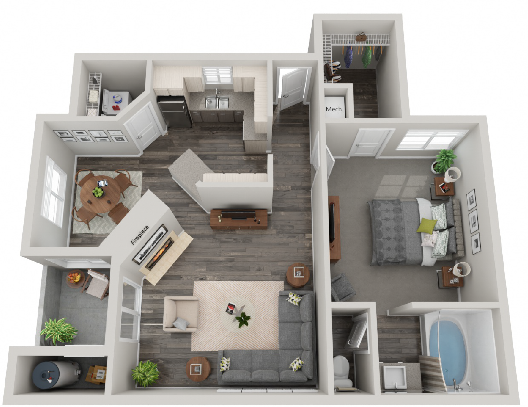 Floor plan for 1 bed, 1 bath, 852 sqft