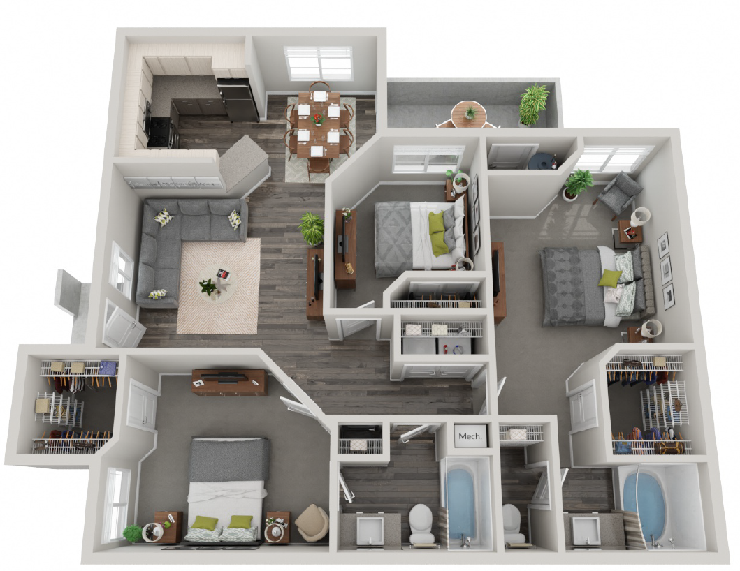 Floor plan for 3 beds, 2 baths, 1163 sqft