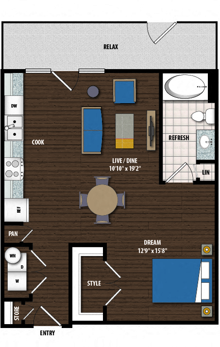 Floor plan for 1 bed, 1 bath, 675 sqft