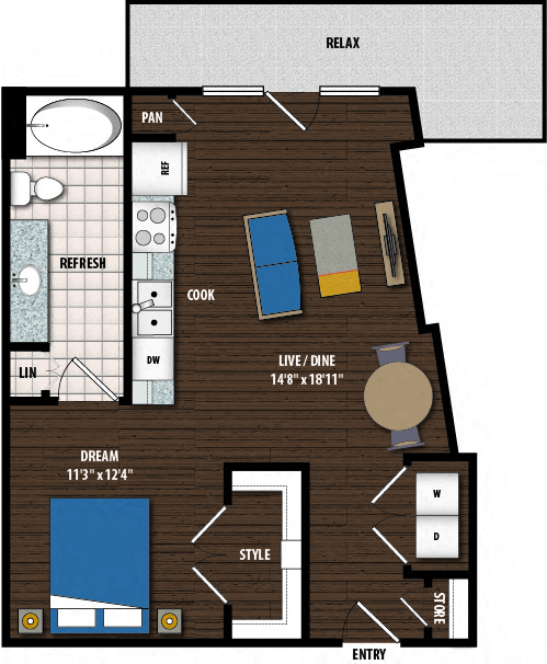 Floor plan for 1 bed, 1 bath, 674 sqft