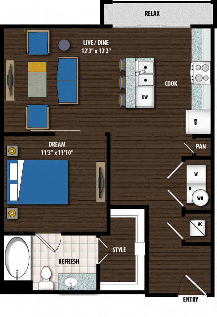 Floor plan for 1 bed, 1 bath, 723 sqft