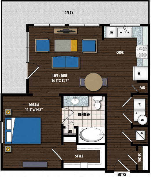 Floor plan for 1 bed, 1 bath, 737 sqft