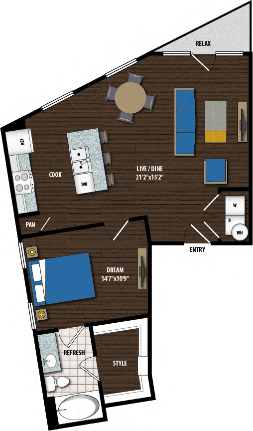 Floor plan for 1 bed, 1 bath, 771 sqft